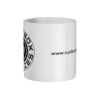 A white ceramic mug with black logo, and website address, side view