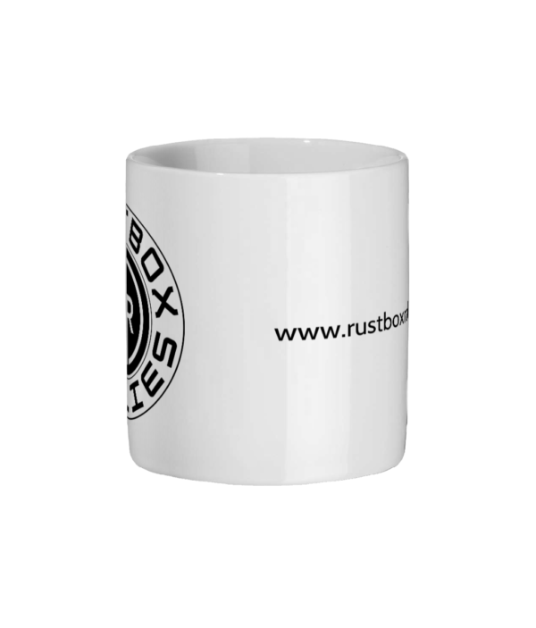 A white ceramic mug with black logo, and website address, side view