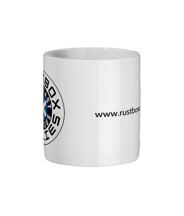 11oz white ceramic mug with Rustbox Rallies NC500 logo side view