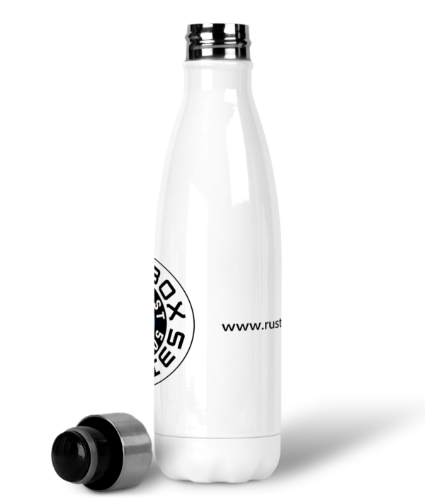 Premium stainless steel water bottle featuring Rustbox Rallies NC500 logo and website address, side view