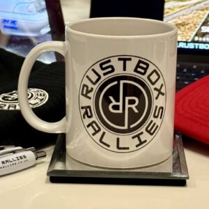 Rustbox Rallies 11oz white ceramic mug with black logo