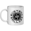 A white ceramic mug with black Rustbox Rallies logo