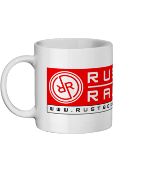 Ceramic mug with red and white Rustbox Rallies branding