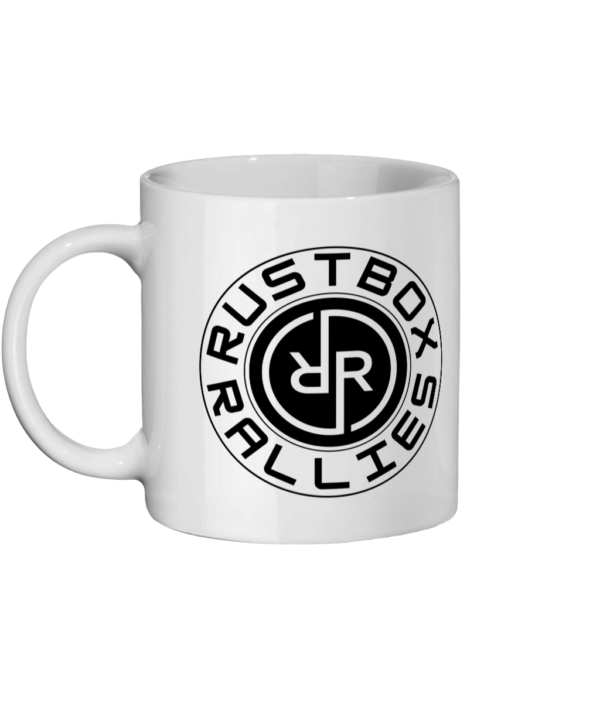 A white ceramic mug with black Rustbox Rallies logo