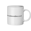 A white ceramic mug with black logo, and website address rear view