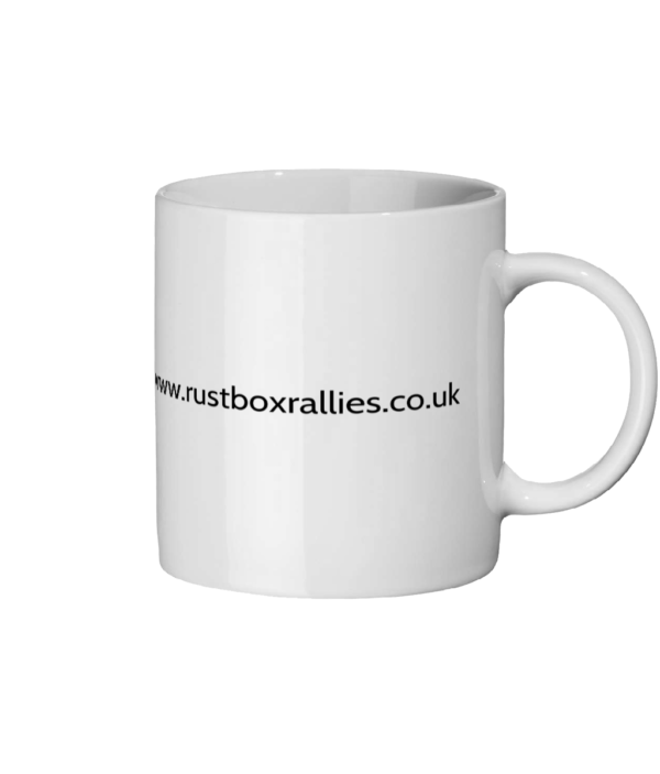 A white ceramic mug with black logo, and website address rear view