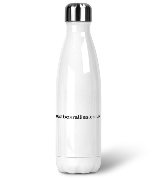 Premium stainless steel water bottle featuring Rustbox Rallies NC500 logo and website address, rear view