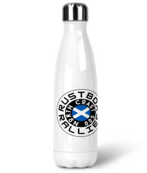 Premium stainless steel water bottle featuring Rustbox Rallies NC500 logo and website address, front view