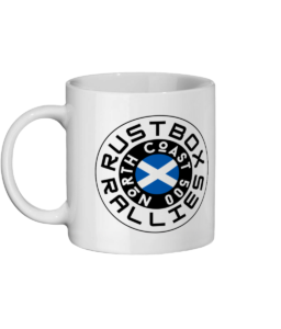 11oz white ceramic mug with Rustbox Rallies NC500 logo front view