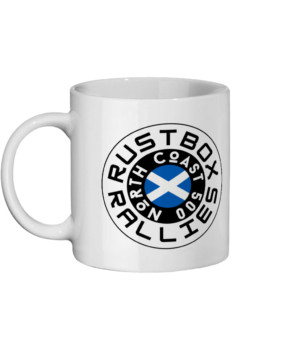 11oz white ceramic mug with Rustbox Rallies NC500 logo and website address, front view